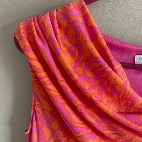 Larry Levine Dress Women's S Pink Orange Cocktail Stretch Ruched Chittah Pattern - Picture 4 of 9